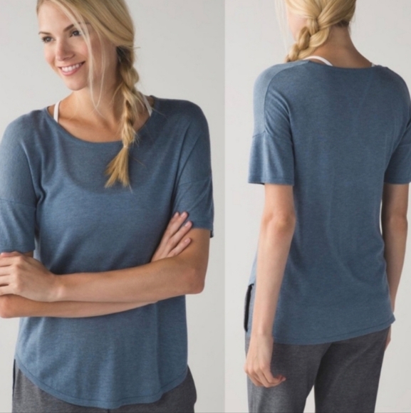 Lululemon Daya Knit Heathered Blue Denim Boolux Fabric Cashmere Blend Tee - Picture 1 of 14